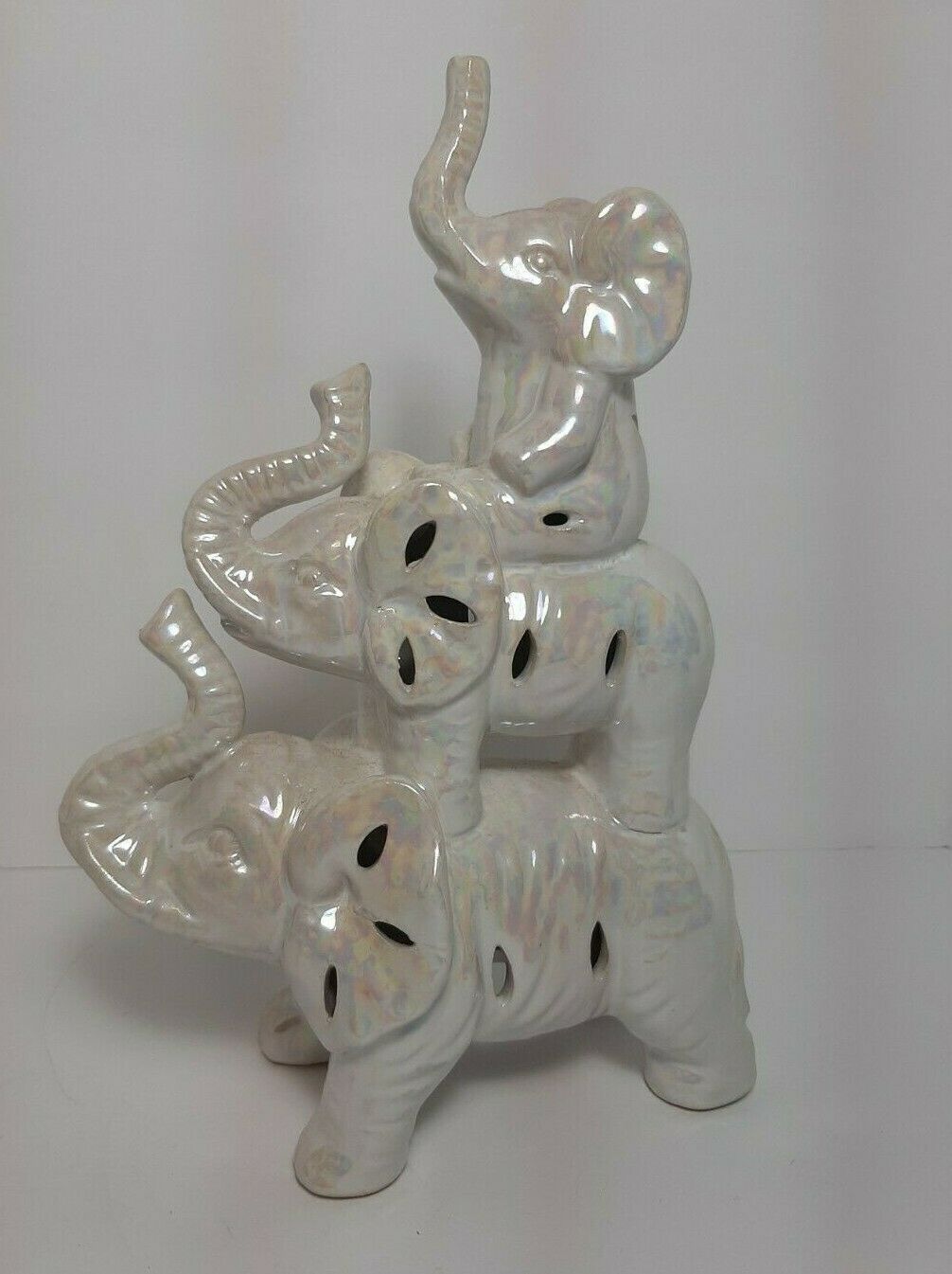 Lustreware White Ceramic Three Stacking Elephants Pearlescent Trunks Up 9” Tall