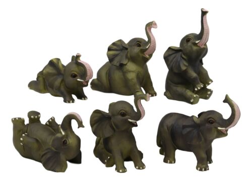 Savanna Safari Whimsical Cute Baby Elephant Calves Miniature Set of 6 Figurines
