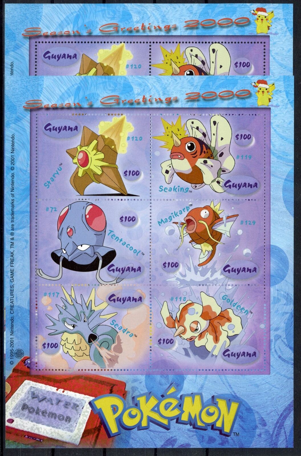 [g27.196] Guyana 2001 : Pokemon - 2x Good Very Fine Mnh Sheet