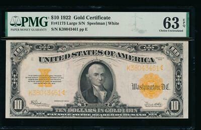 Ac Fr 1173 1922 $10 Gold Certificate Pmg 63 Epq Uncirculated!