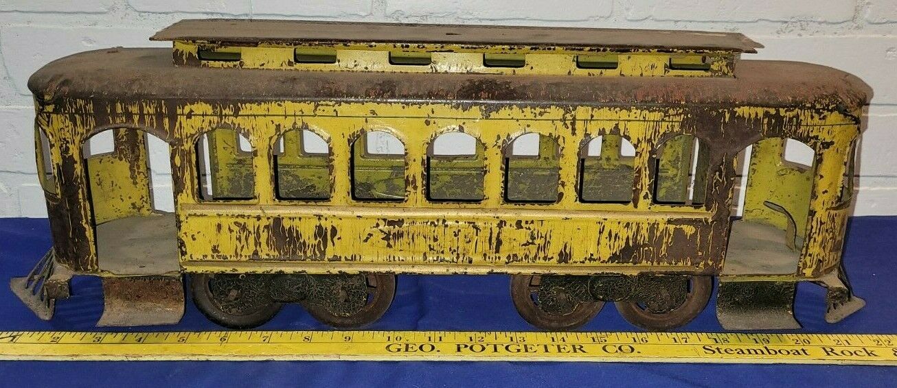 Large Early Tin Trolley Street Car Hill Climber 22 5/8" Works Shipping Included