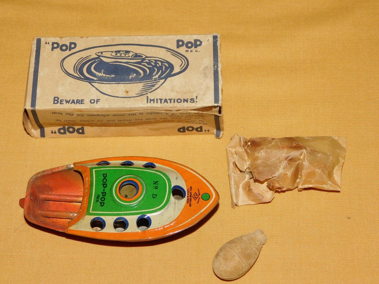 VINTAGE TOY ALPS TOY CO JAPAN TIN LITHO POP POP CANDLE POWERED BOAT IN BOX NO. D