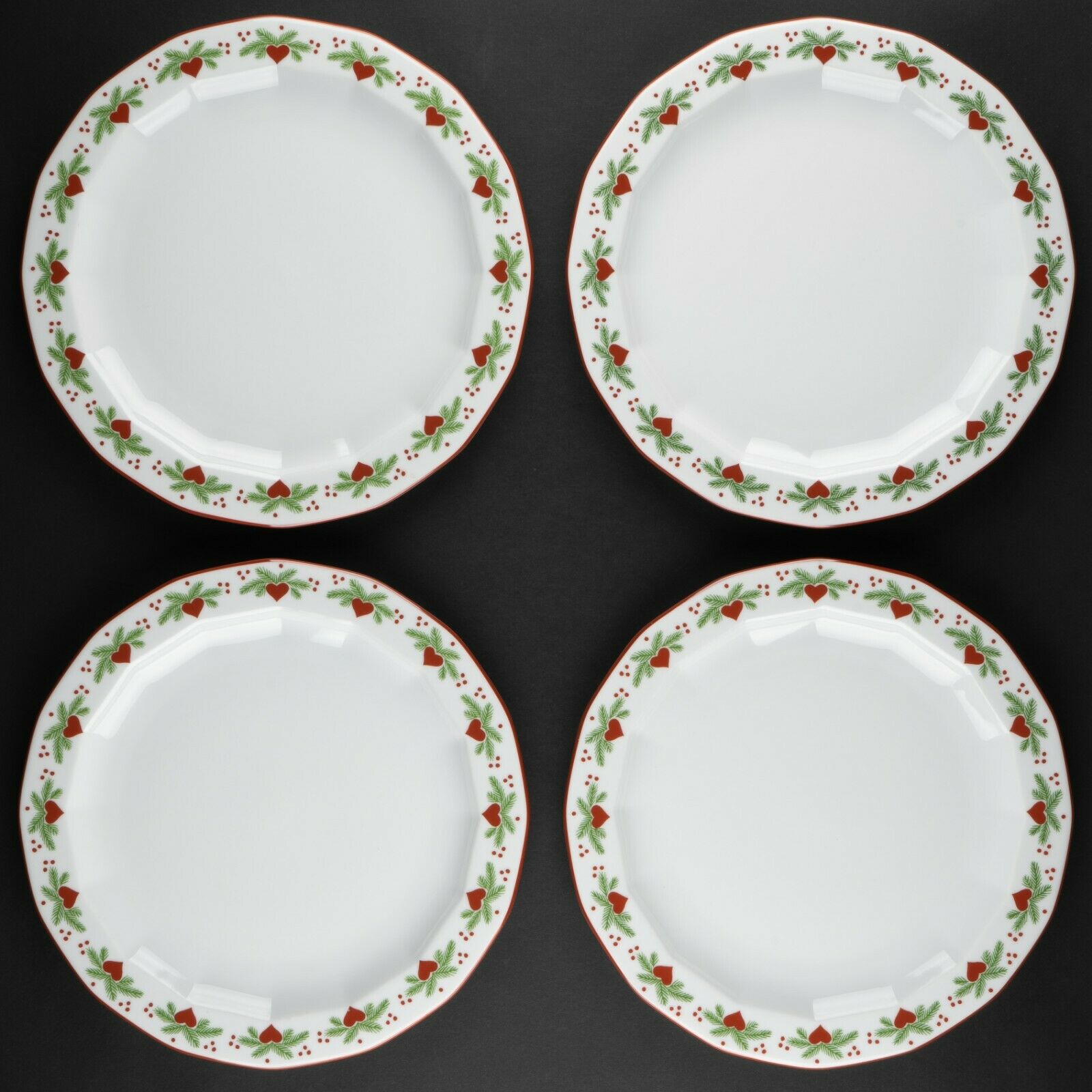 Set Of 4 Dinner Plates #1 | Multisided Hearts & Pines By Porsgrund Of Norway