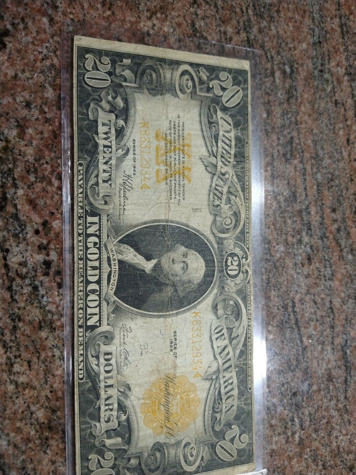 Large 1922 In Gold Coin 20.00 Gold Seal Bank Note $20 Gold Certificate Bill Cash