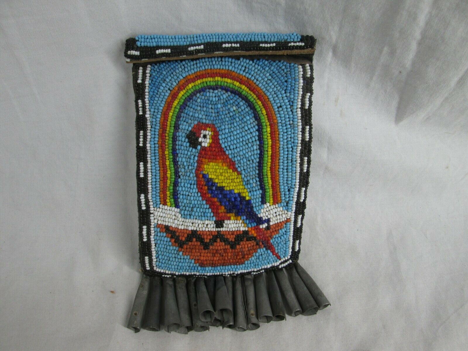 Antique Or Vintage Native American Beaded Parrot Theme Leather Bag / Pouch