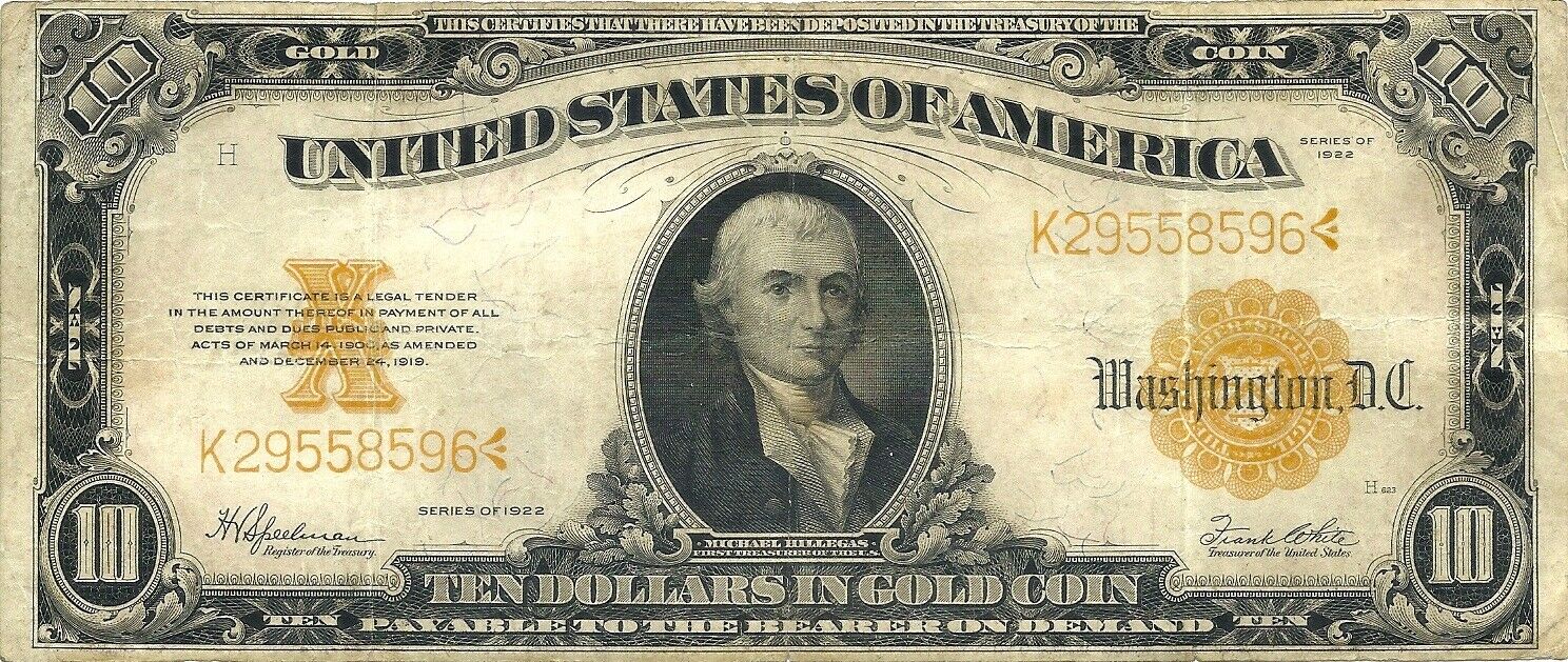 1922 $10 Large Size Gold Certificate - Roaring 20s Gold Note ~ Choice Very Fine+