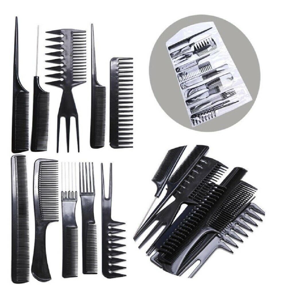 10pcs Black Pro Salon Hair Styling Hairdressing Plastic Barbers Brush Combs Set