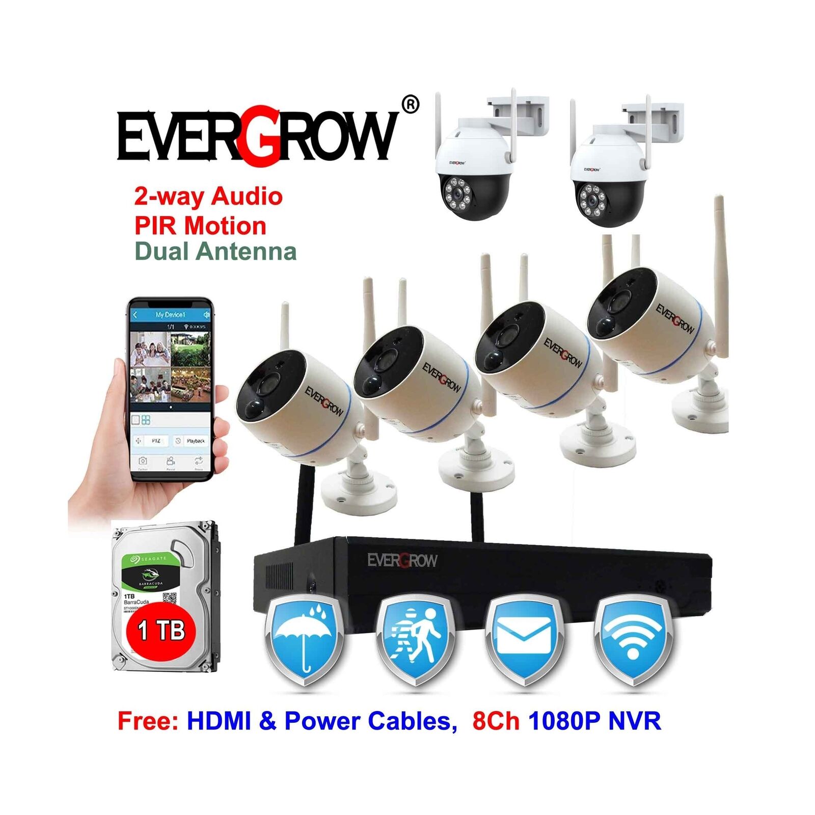 Evergrow 3mp 1296p Long Range Wifi Cctv System Hdmi Nvr And 4pcs 2.0 Mp Wirel...
