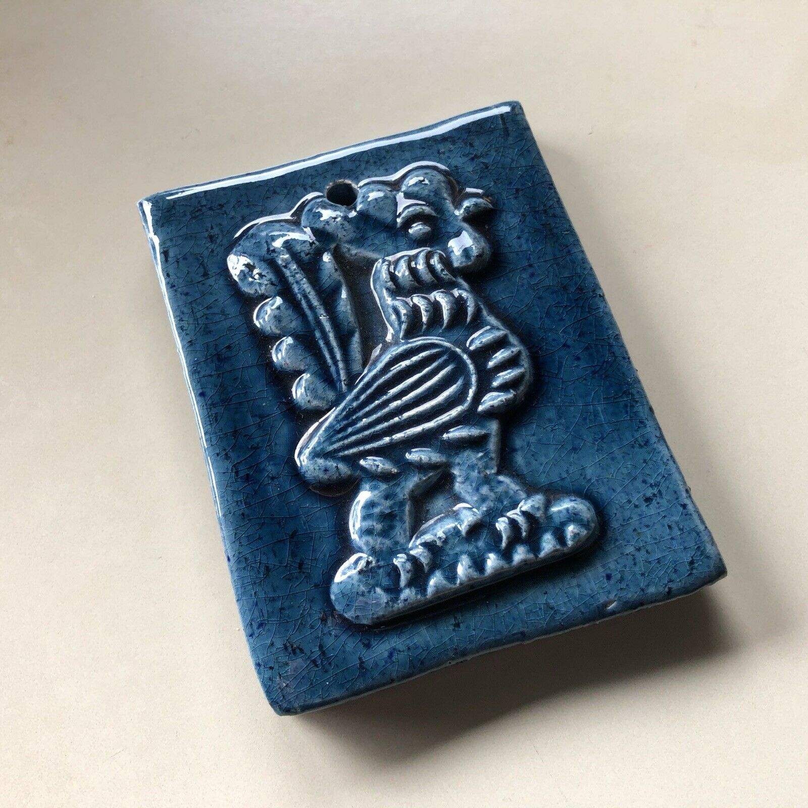 Pottemagerstuen Denmark Pottery Stoneware Blue Glaze Rooster Small Wall Tile