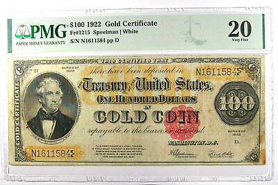 1922 $100 Gold Certificate Note Fr-1215 - Pmg 20 (very Fine) - Rare Bill!
