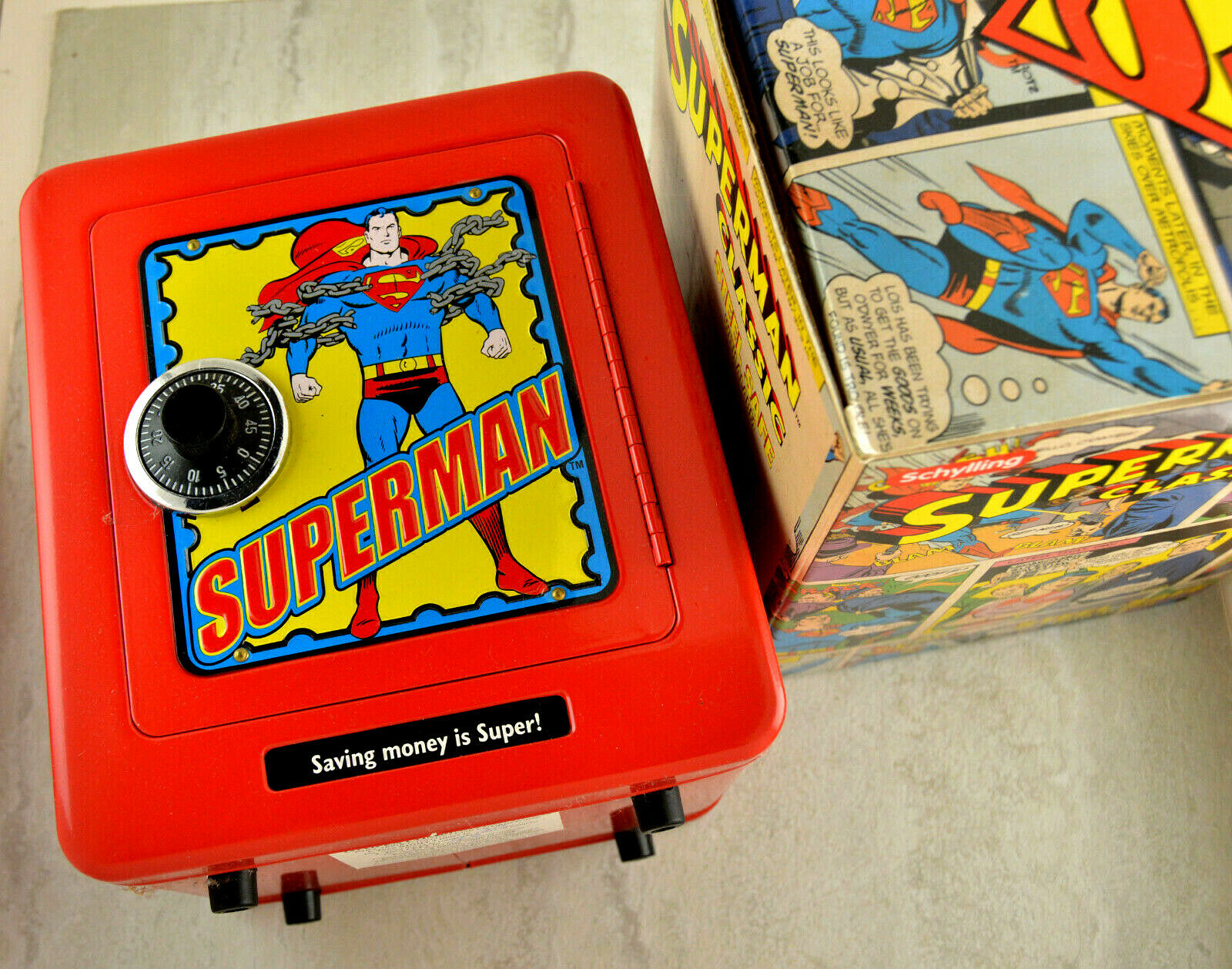 2001 Schylling Superman Classic Steel Safe Bank Combination Lock & Alarm NIB