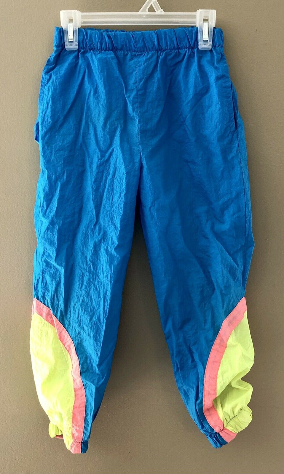 Kids Neon Nylon Lined Wind Pants Size 7 Vintage 80s 90s Blue Pink Yellow
