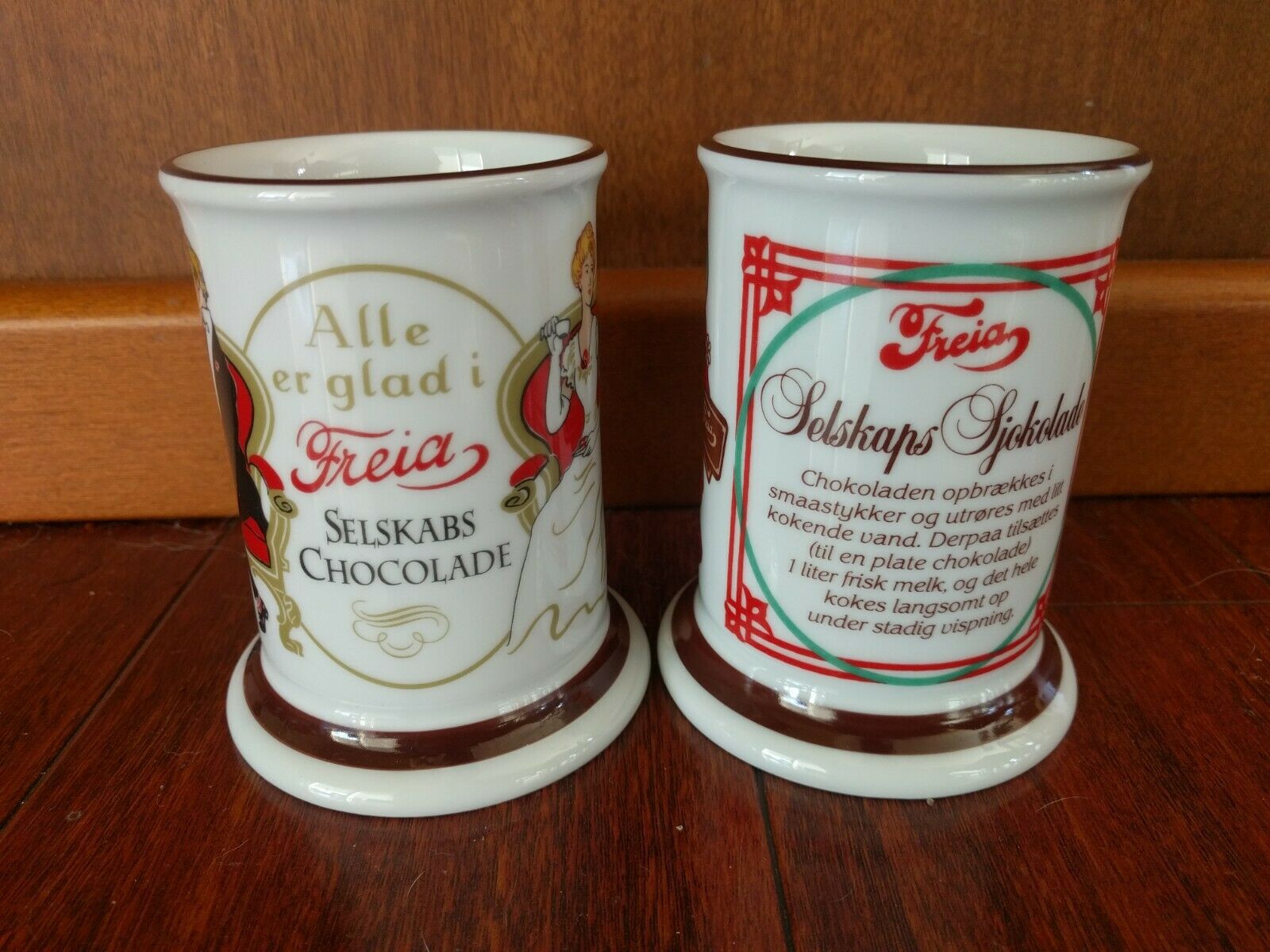 2 Rare Porsgrund Norway Freia Krus Chocolate Hot Cocoa Mugs Cups Chocolade
