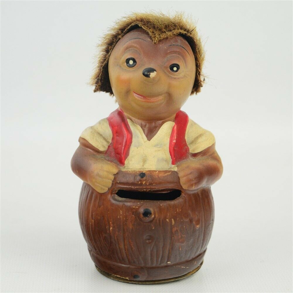 Vintage Steiff Mecki in a Barrel Character Composition Coin Still Bank