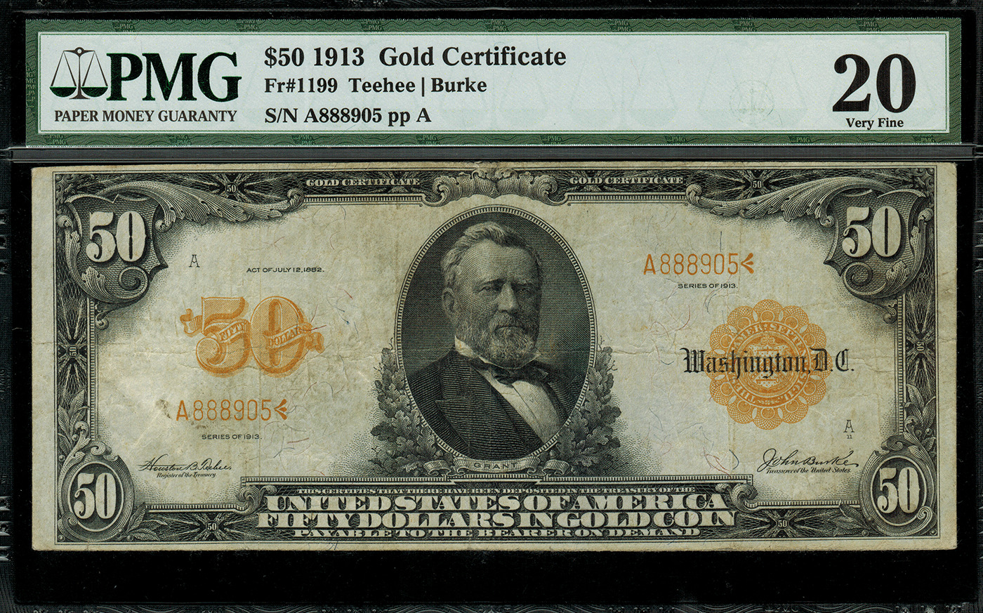 1913 $50 Gold Certificate Fr-1199 - Graded Pmg 20 - Very Fine - Teehee / Burke