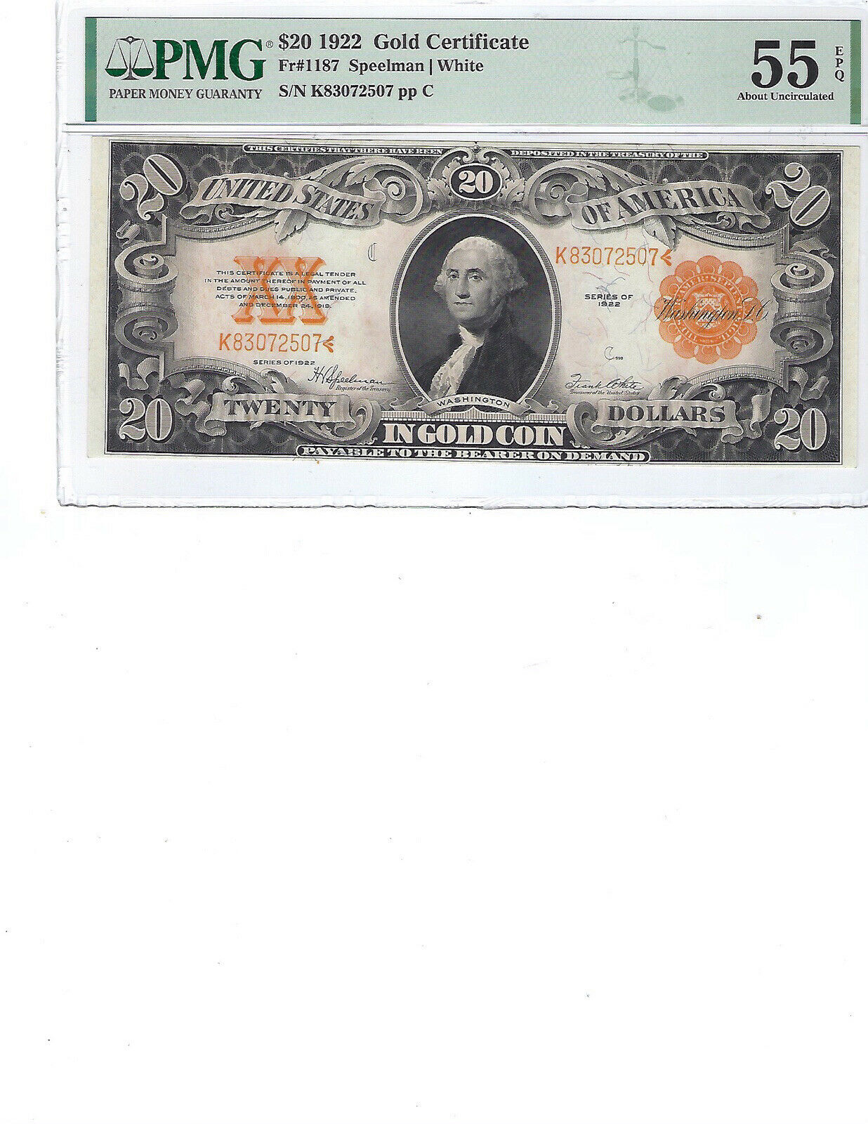 1922 $20 Gold Certificate Fr1187 Pmg 55 Au Epq!!! Spellman/white, High Quality!!