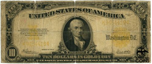 1922 United States $10 Gold Certificate Yellow Seal Large Note FR#1173