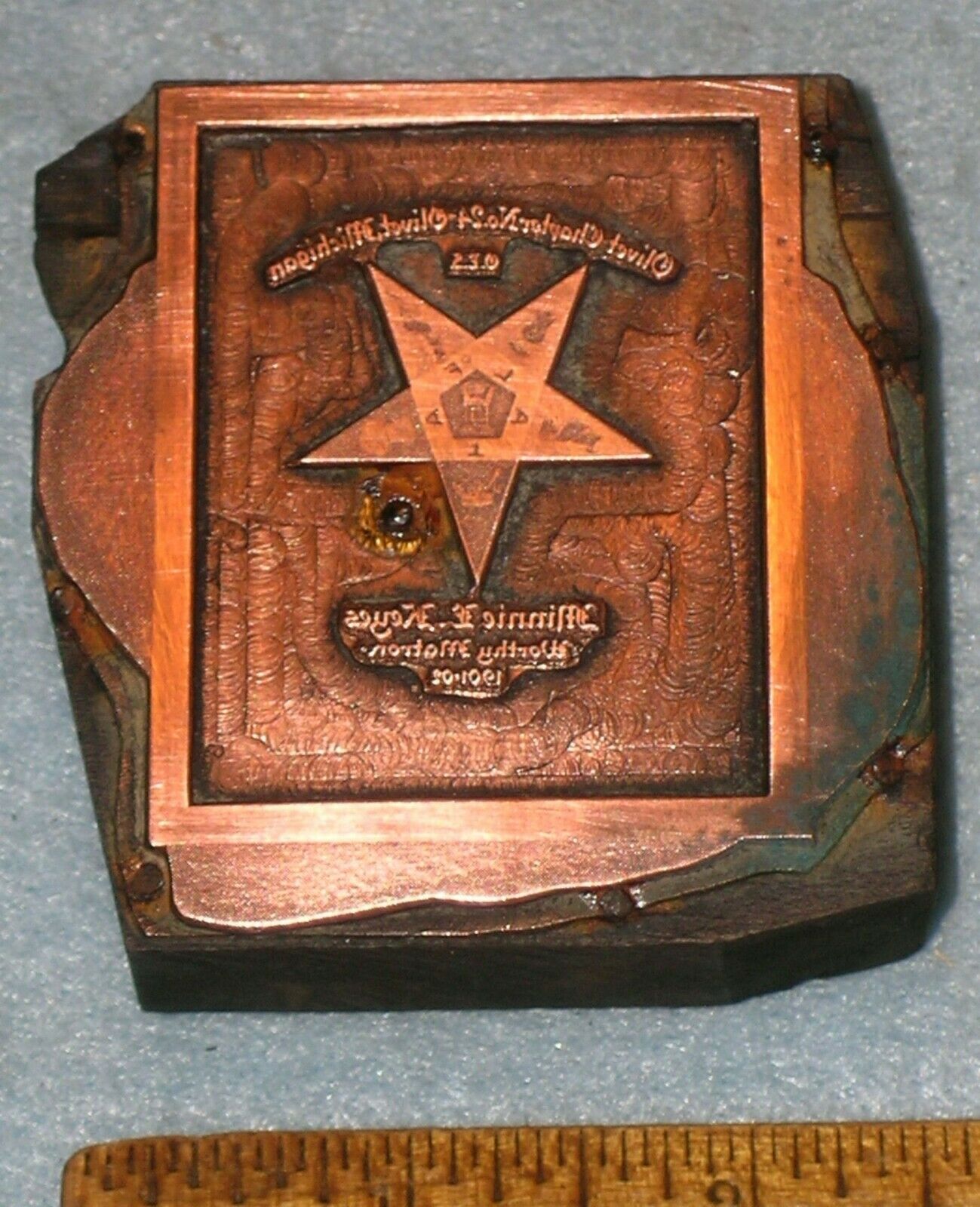 1902 OLIVET MI Order Eastern Star WORTHY MATRON Copper Printing Block PB199