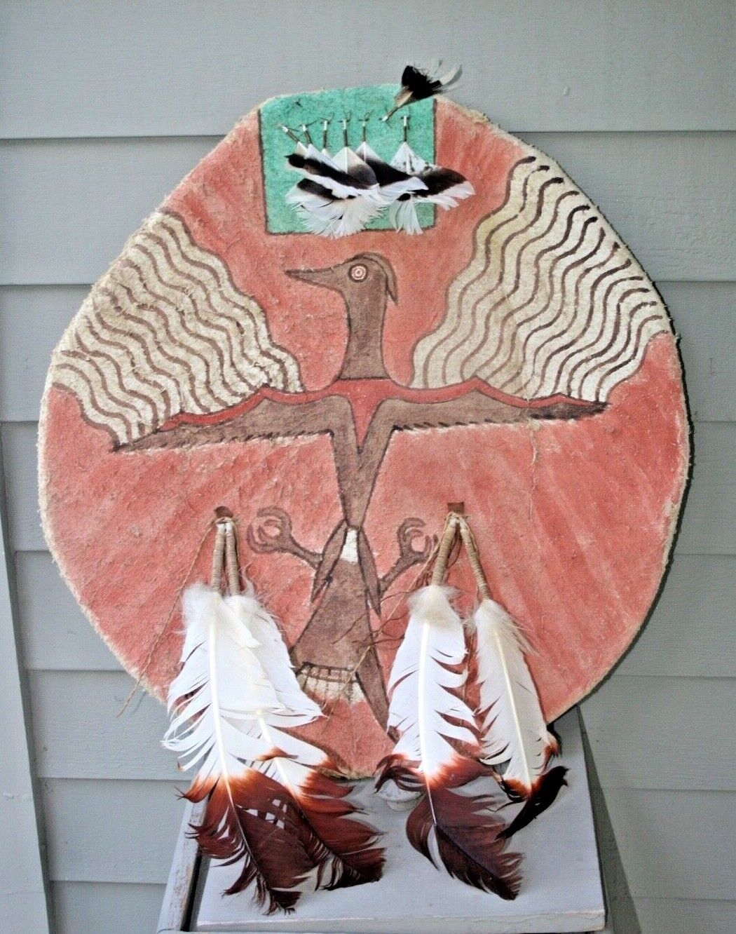 Vtg Native American Ceremonial Leather War Shield Painted Feather Skin Hide #1