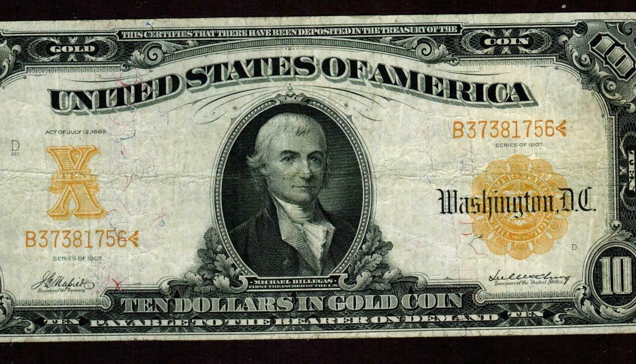 $10 1907 GOLD CERTIFICATE ** DAILY CURRENCY AUCTIONS ** COMBINED SHIPPING