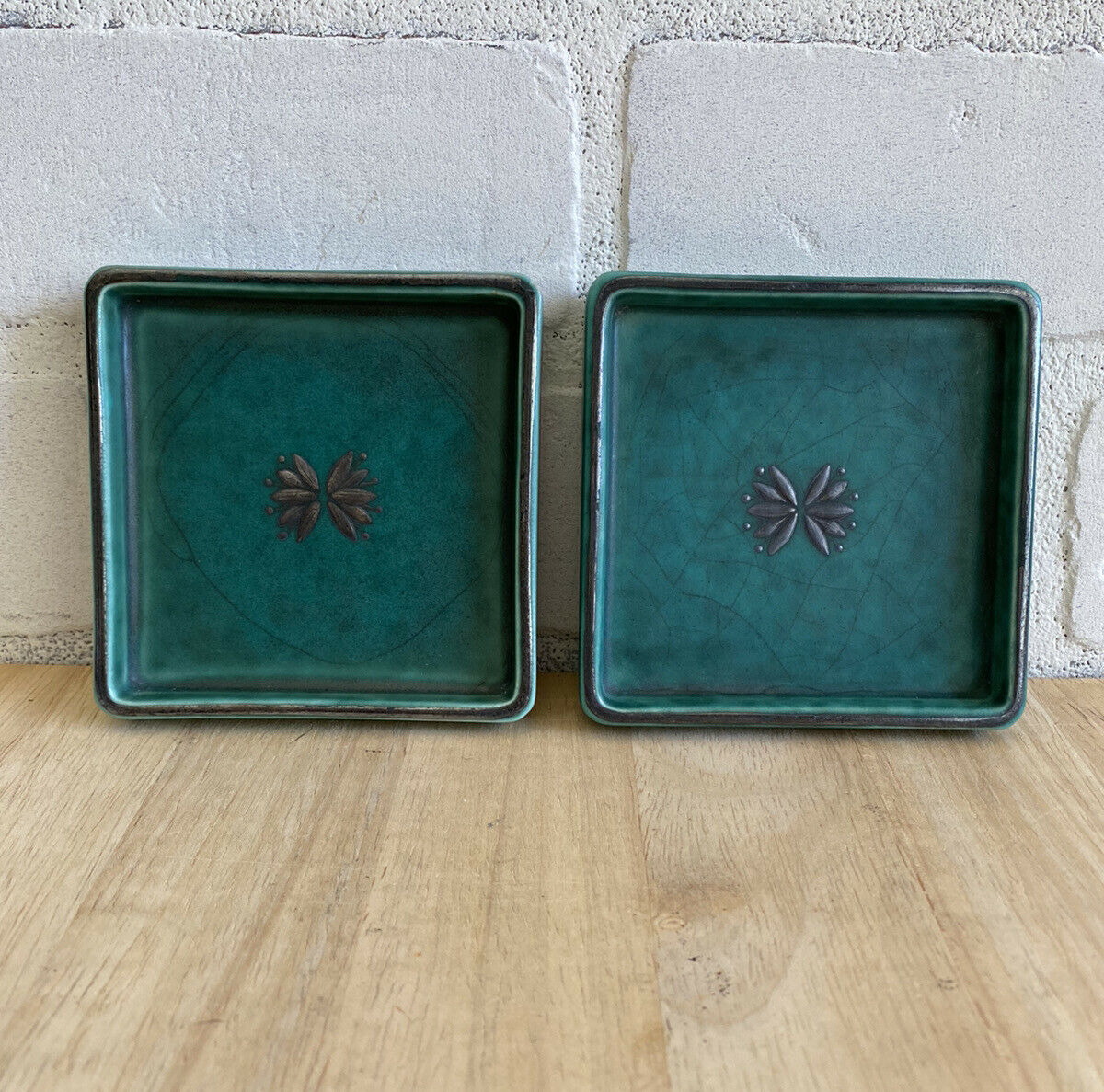Pair Gustavsberg Argenta Square Pottery Pin Dish Trinket Trays #1225