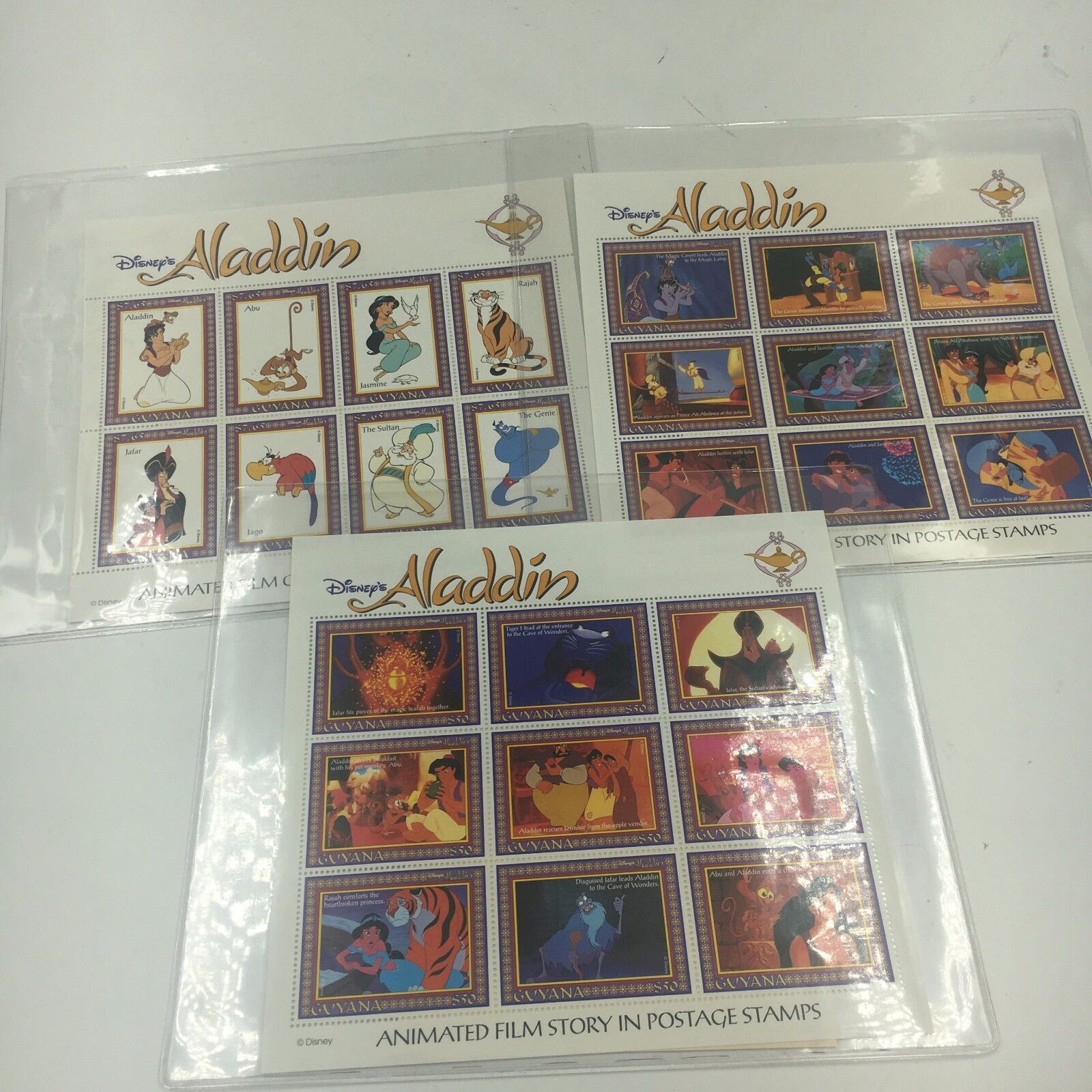 DISNEY 1993 - Guyana - Aladdin - 3 Sheets  Mint NH With COA