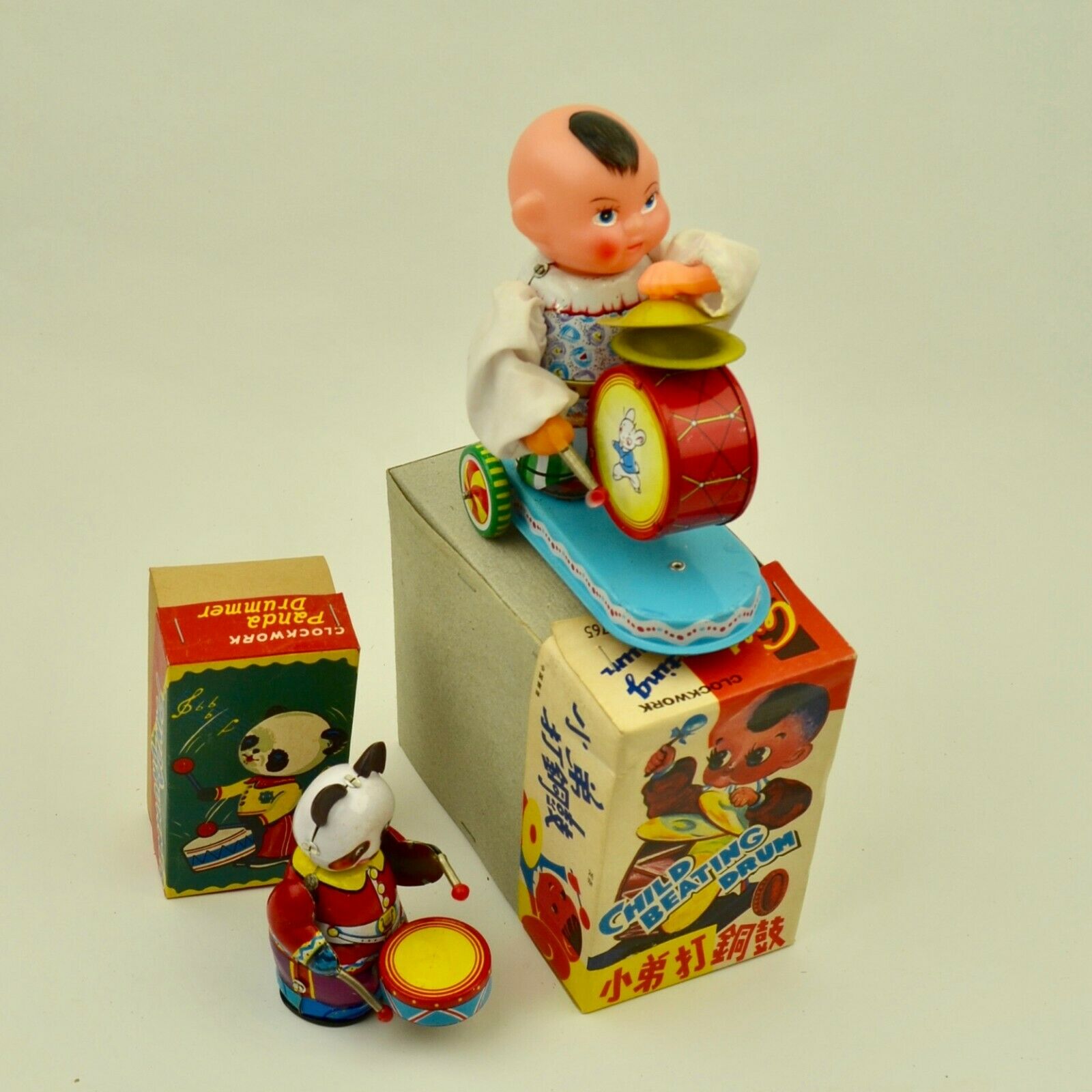2 Old China Tin Toys MS 765 Child Beating Drum & MS 566 Panda Drummer in BOXES
