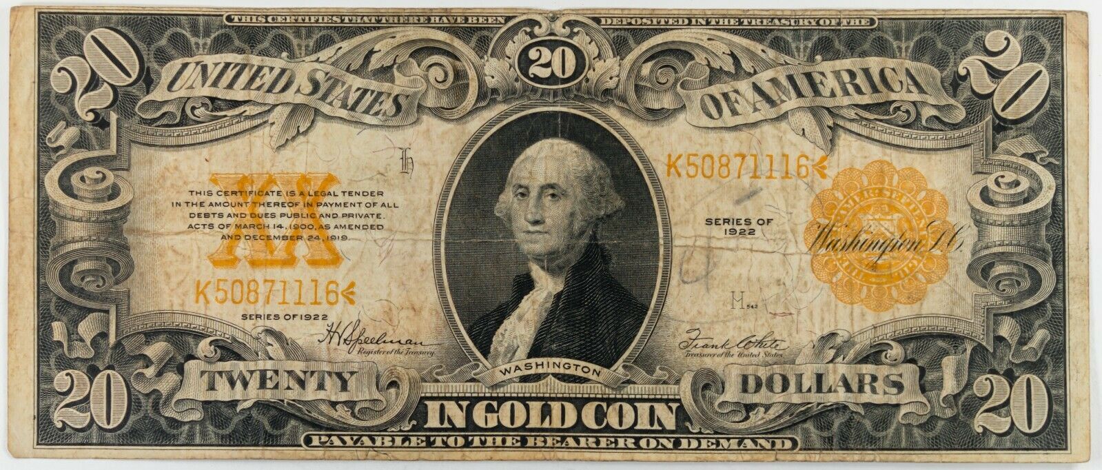 U.s. Large Size $20 Dollars Gold Certificate Fr-1187 Banknote 1922