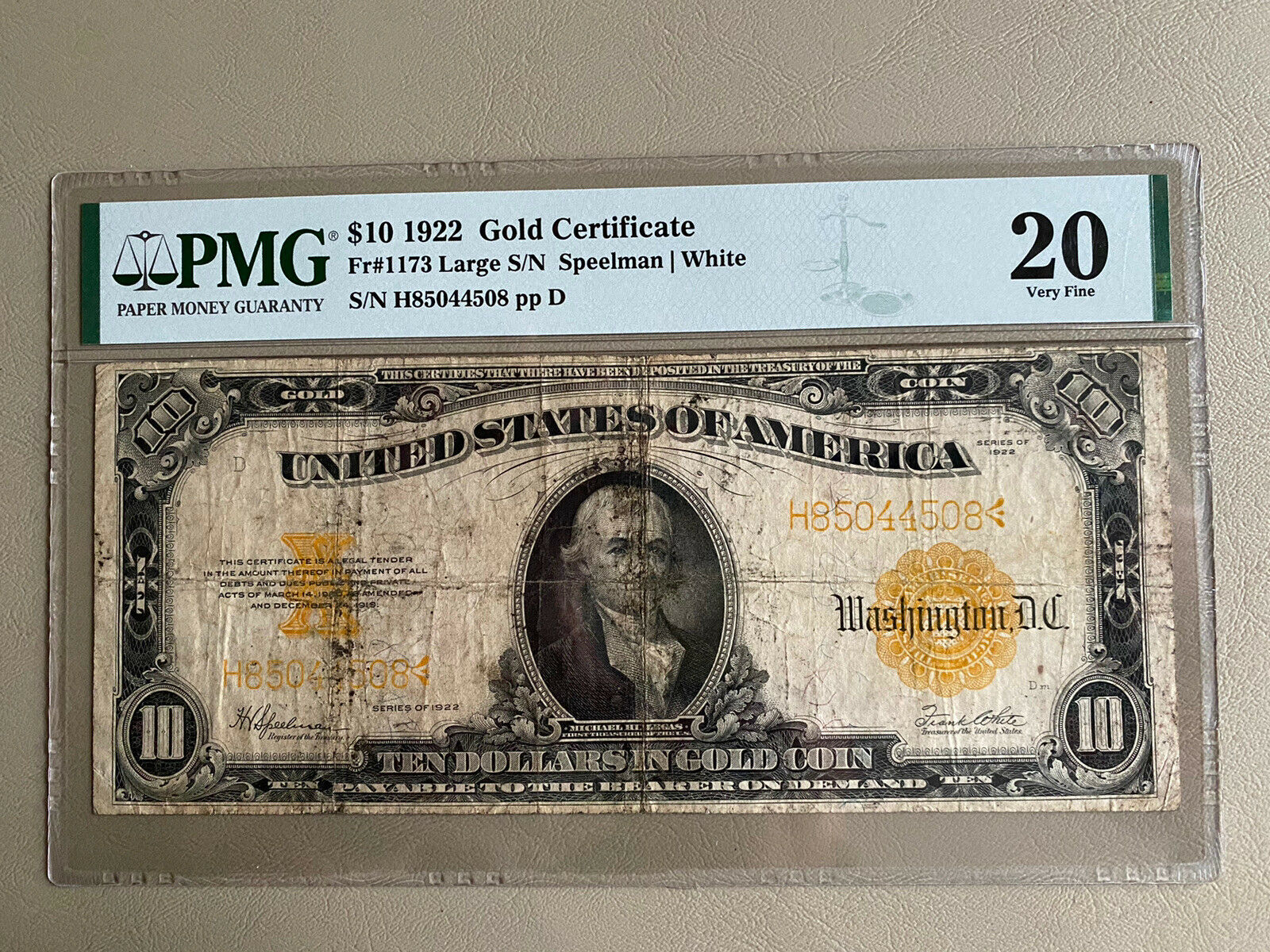$10 1922 Gold Certificate Pmg 20 Very Fine