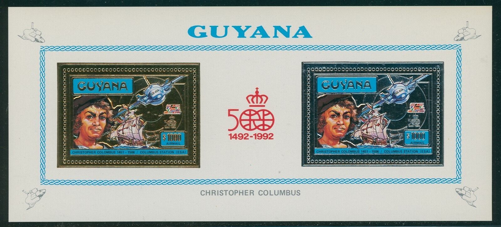 Guyana Os #17 Mnh S/s Columbus Discoveries 500th Ann Gold/silver Foil $$