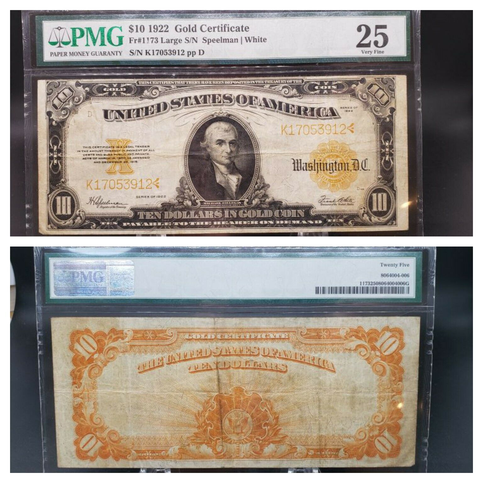 $10 1922 Gold Certificate FR#1173 PMG VF-25 Large Speelman/White KVE Investments