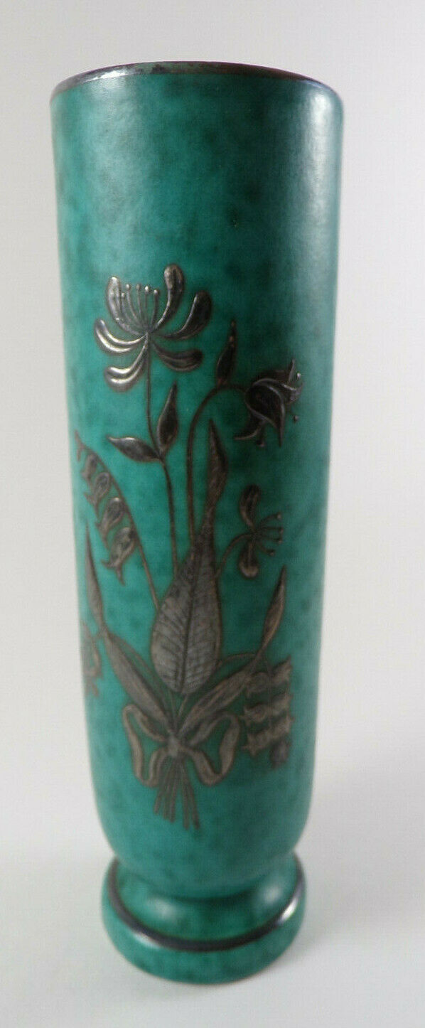 Gustavsberg Argenta #1029 Turquoise Silver Overlay Pottery Vase Wilhelm Kage 6