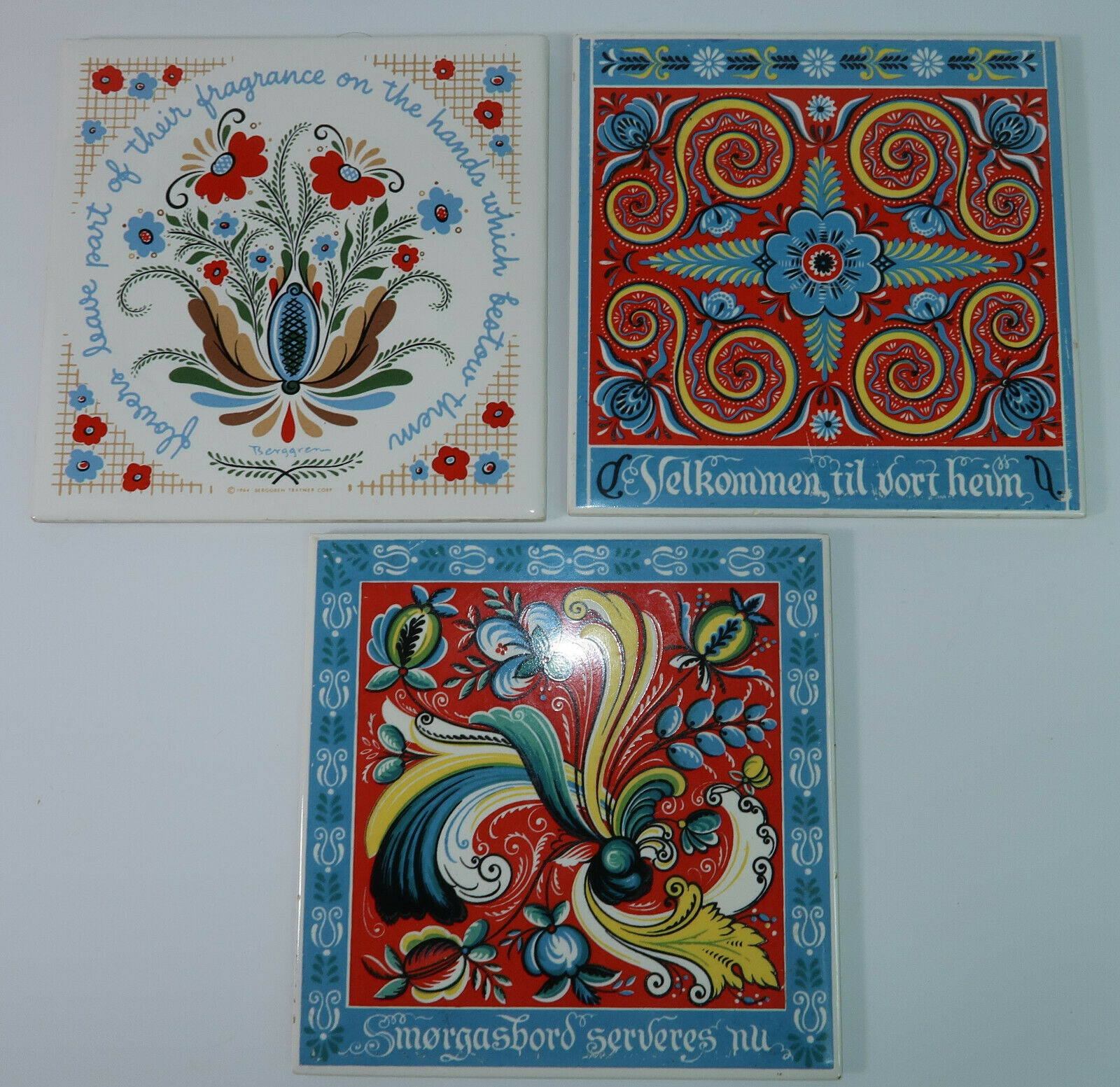 3 Vintage Berggren Folk Art Tile Trivets Norwegian Rosemaling