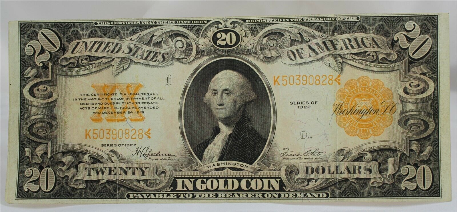 US $20 Gold Certificate Series 1922 Large Bill