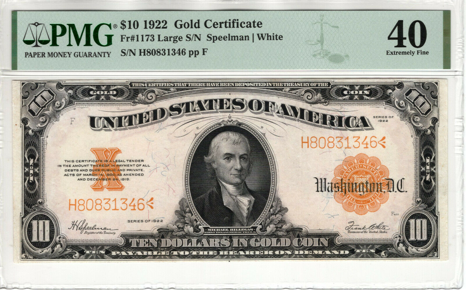1922 $10 Gold Certificate Note Large S/n Fr.1173 Pmg Extremely Fine Xf Ef 40