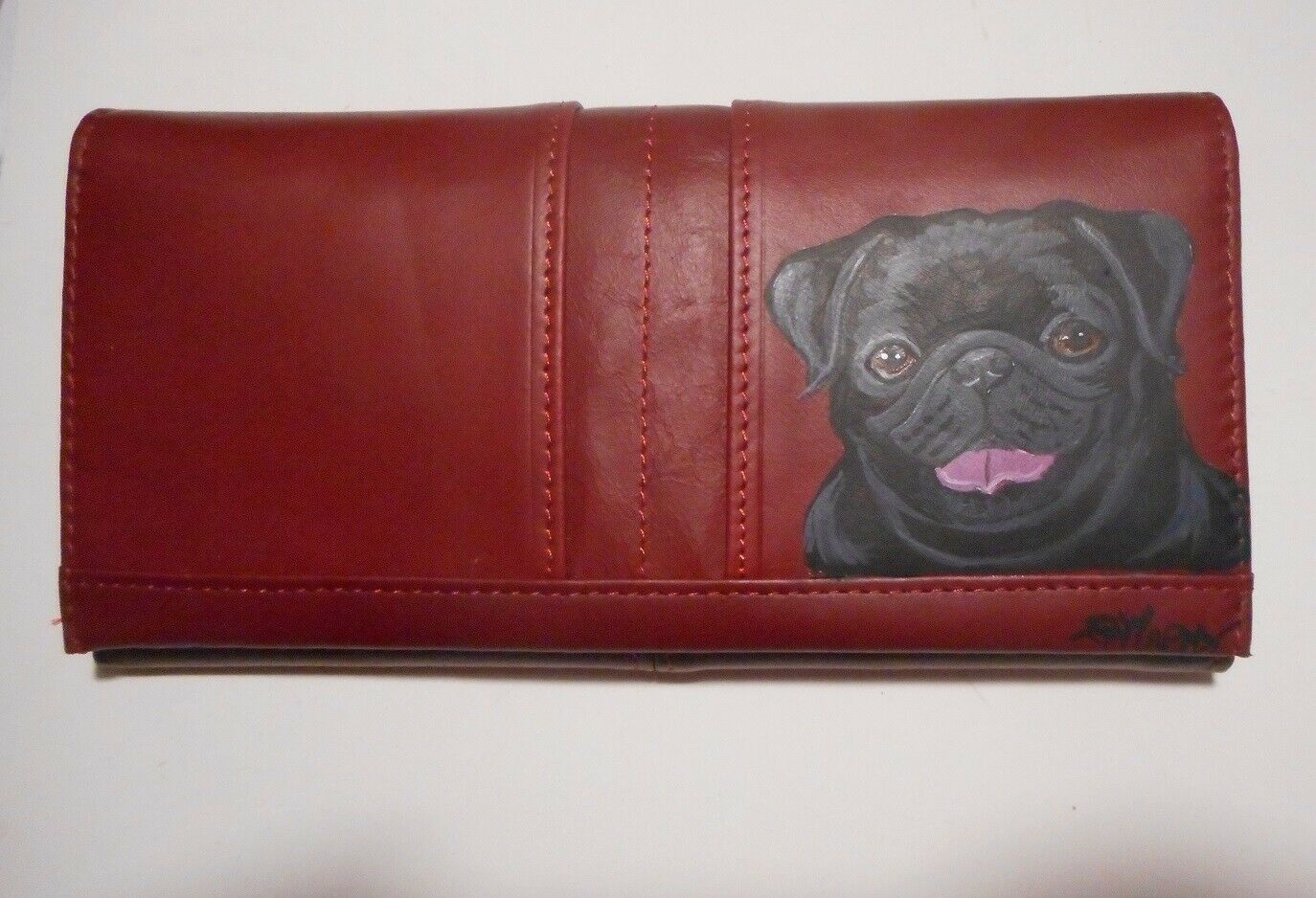 Black Pug dog Portrait Wallet for Women Leather Hand Painted