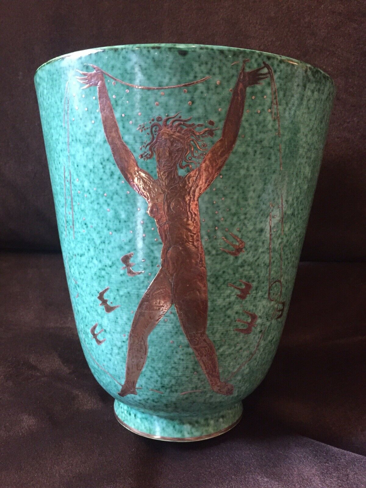 Gustavsberg Sweden Argenta Wilhelm Kage Pottery Vase Mythical Nude Figure Design