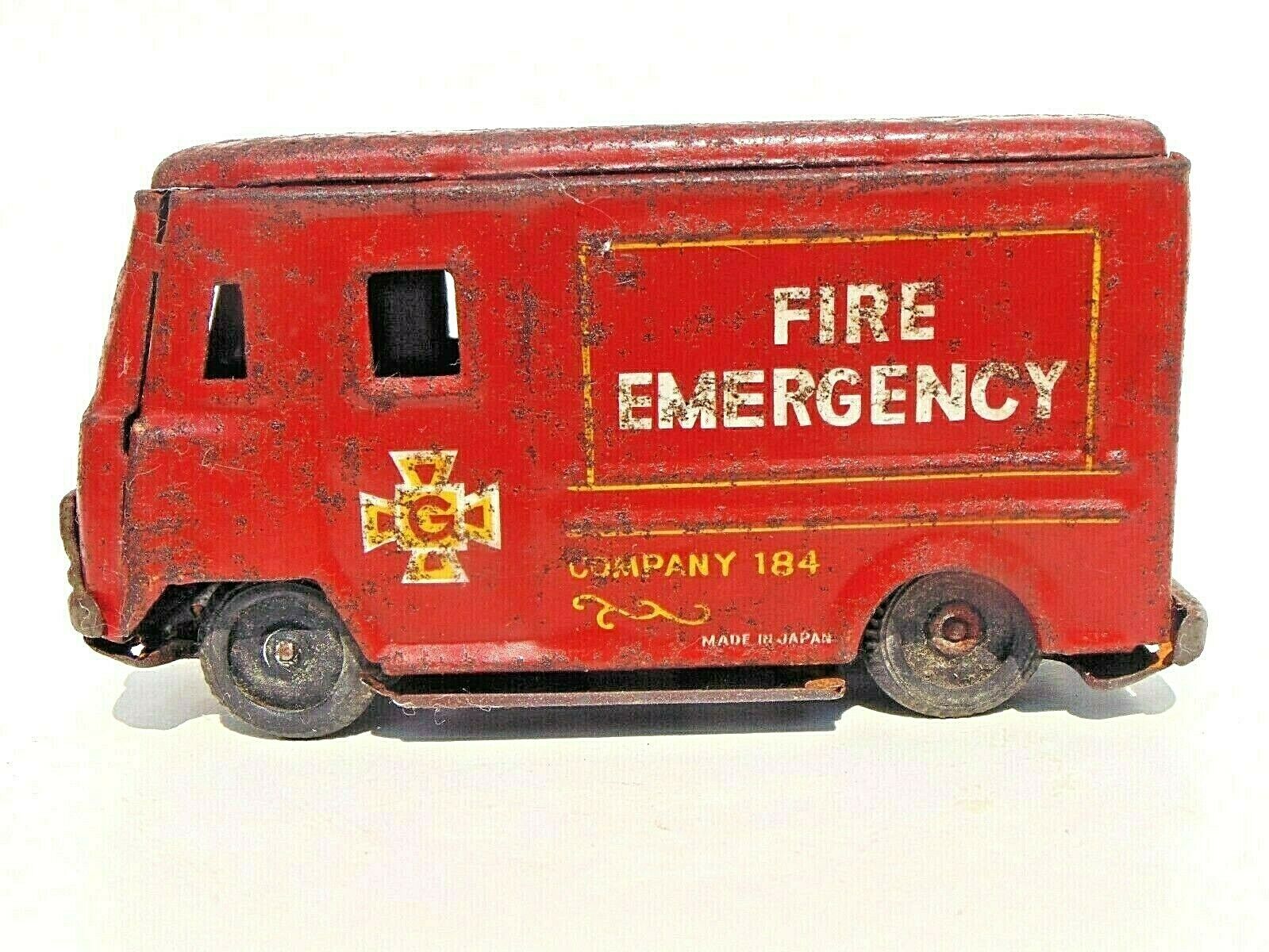 RARE vintage FIRE EMERGENCY toy G TIN TRUCK red COMPANY 184 JAPAN 1950's $9.95