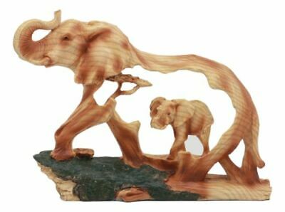 Safari Bush Elephant And Baby Walking In The Jungle Statue 9"l Faux Wood Resin