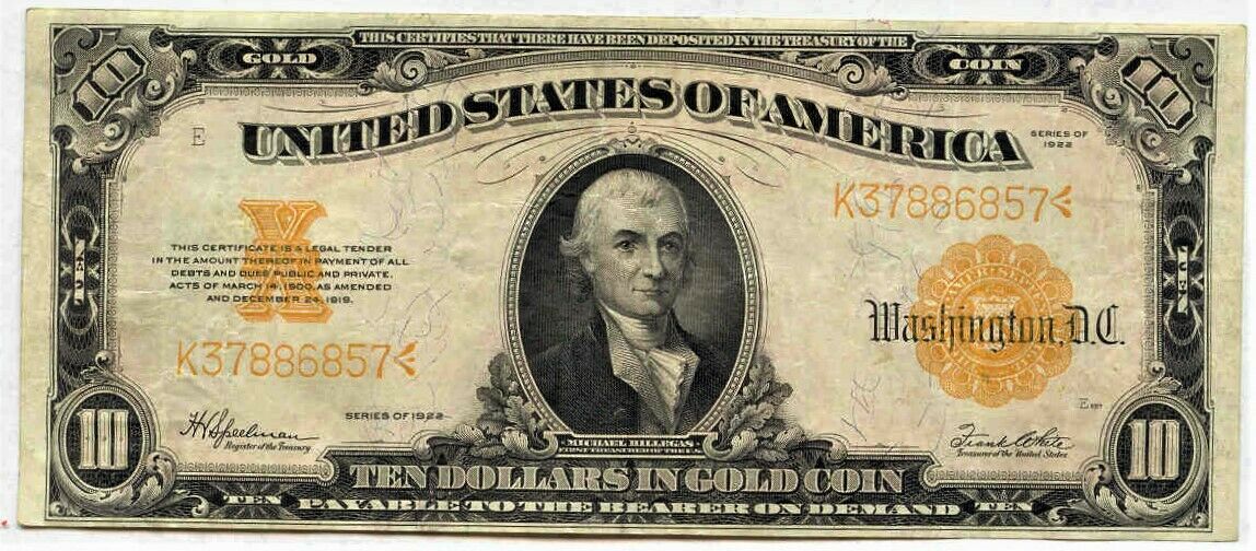 Vintage 1922 U.s. $10 Gold Certificate - Series 1922 - Free Shipping