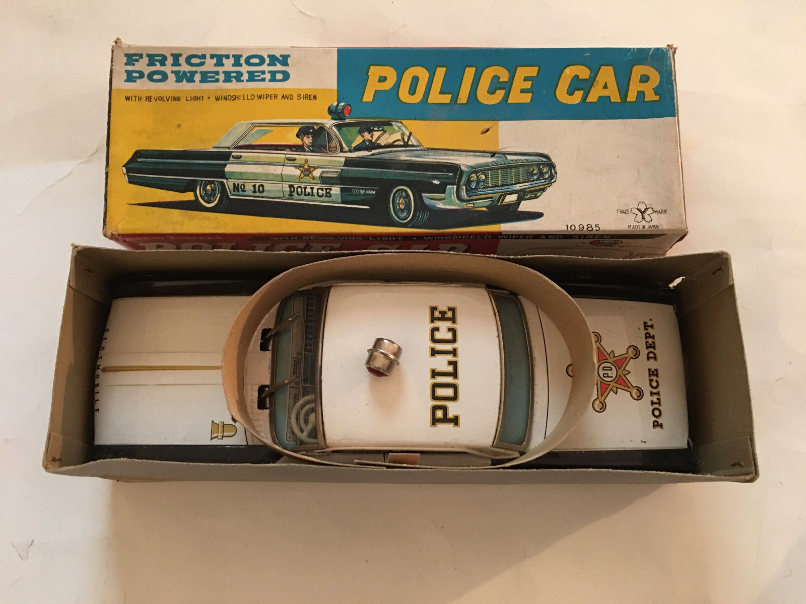 Japanese Tin Litho Friction 1960's Police Car In Box New Nos Large 12" Works
