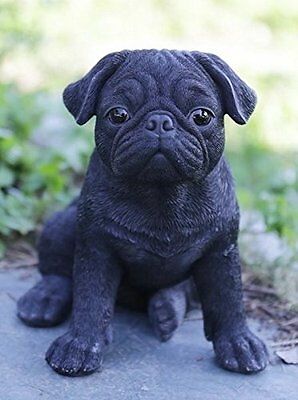 Sitting Black Pug Puppy Dog - Life Like Figurine Statue Home / Garden New