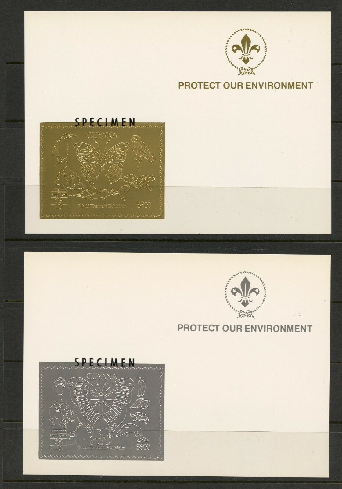 E628 Guyana 1992 butterflies turtle fauna   GOLD/SILVER Cards -SPECIMEN O/P  MNH