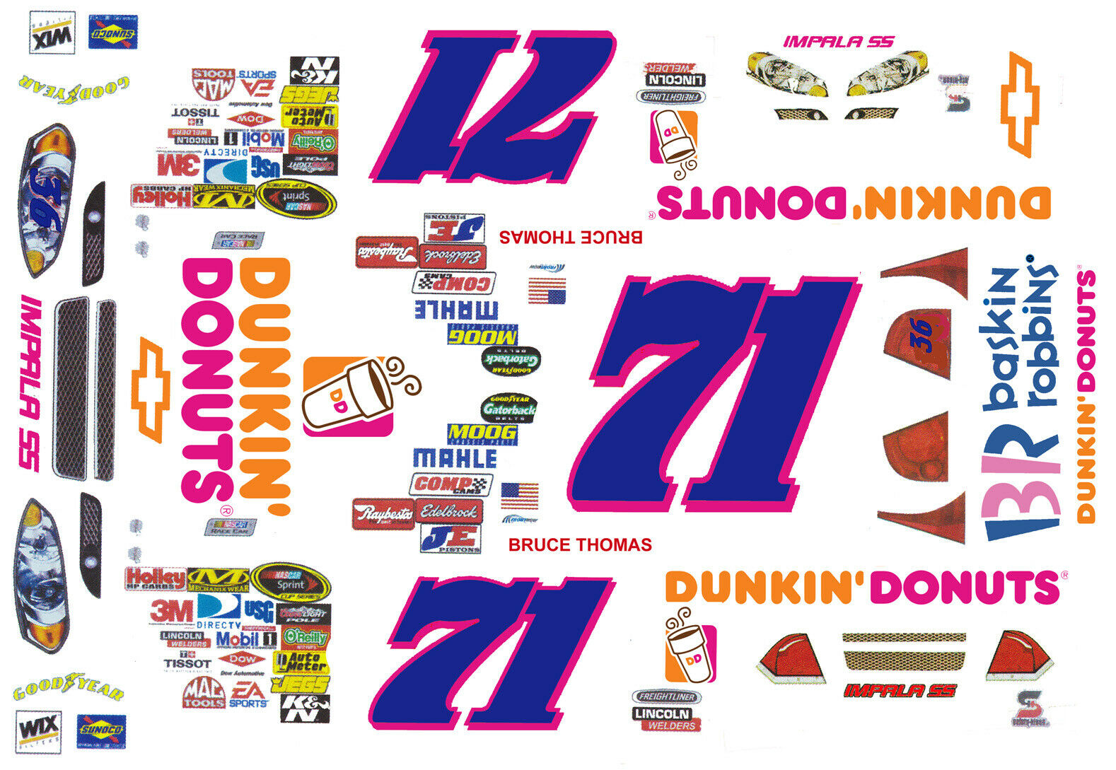 #71 Bruce Thomas Dunkin Donuts Chevy 1/32nd Scale Slot Car Decals
