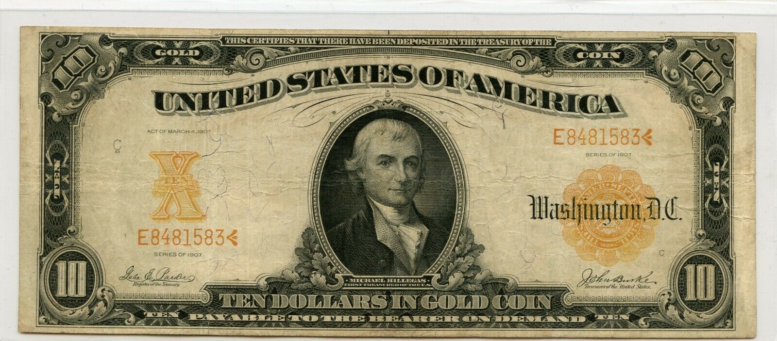 1907 $10 Gold Certificate  Large  Note Fr. # 1171   583