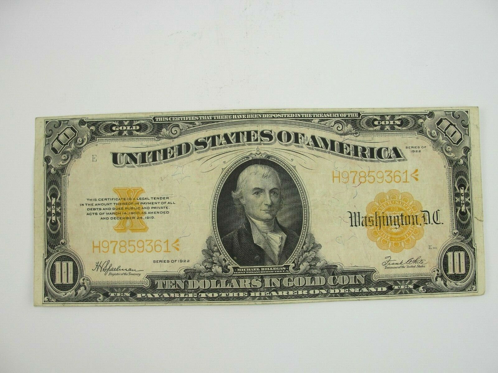 1922 $10 Us Gold Certificate Note "very Nice"