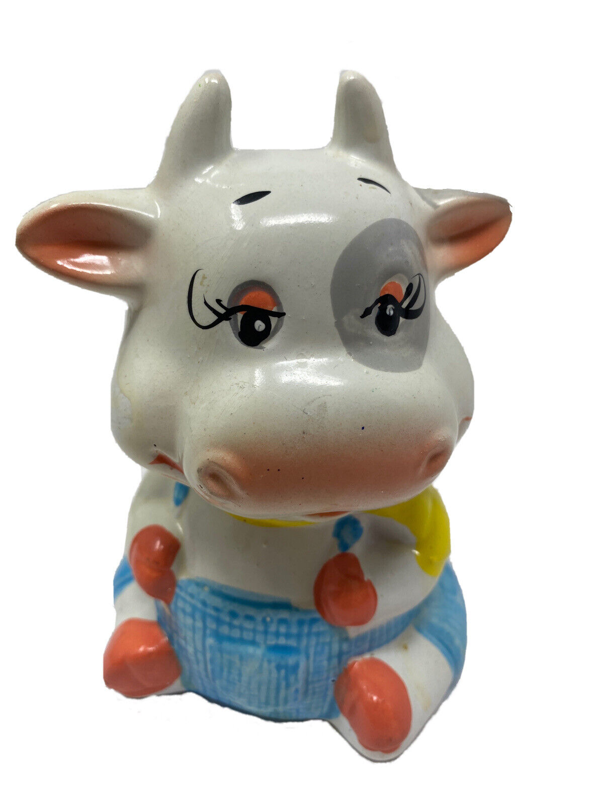 Vintage 50s Ceramic Coin Bank Sitting Cow with Blue Pants